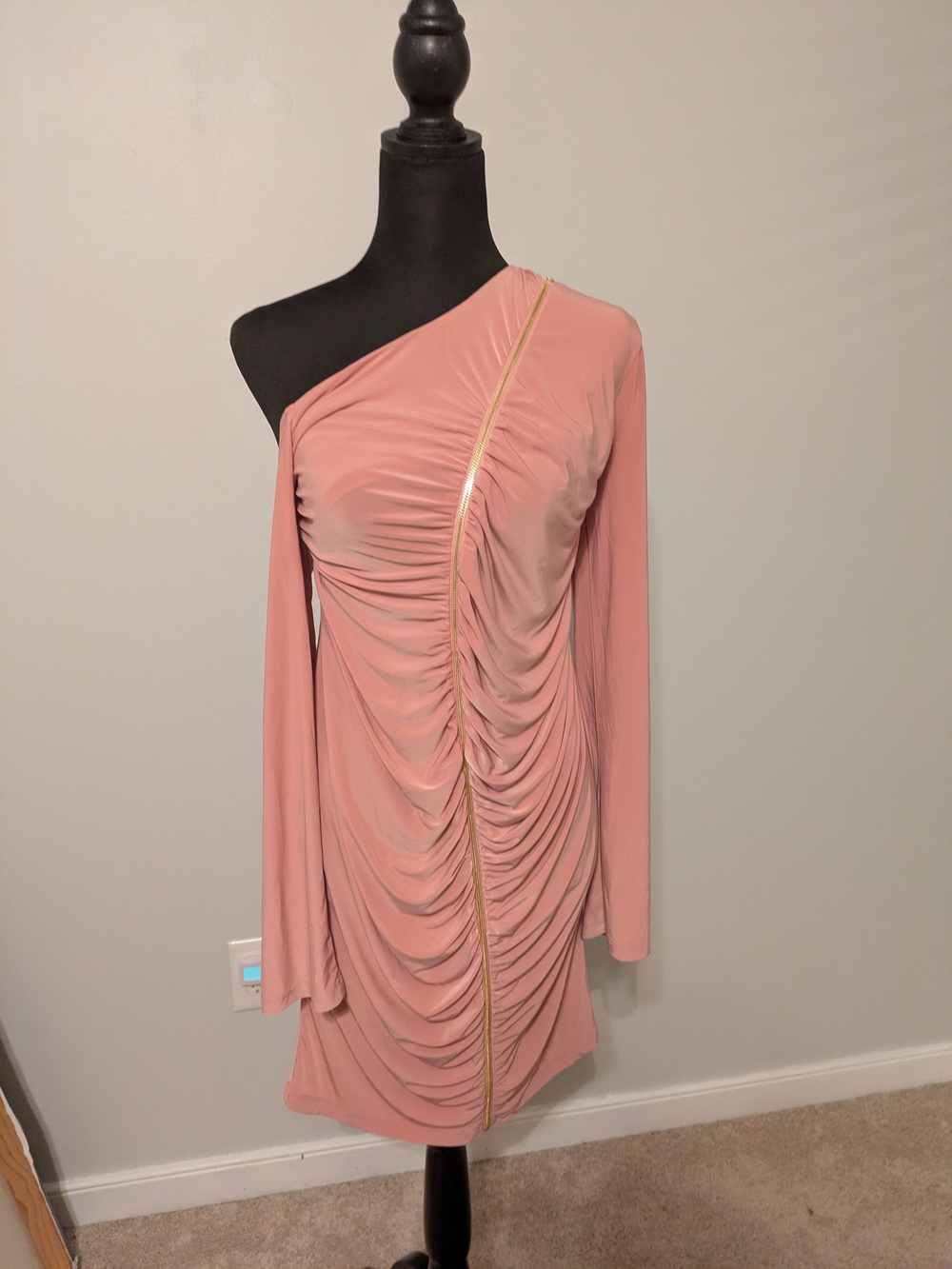 Vintage Venus One-Shoulder Pink Ruched Dress with Gold Zipper Size L Midi